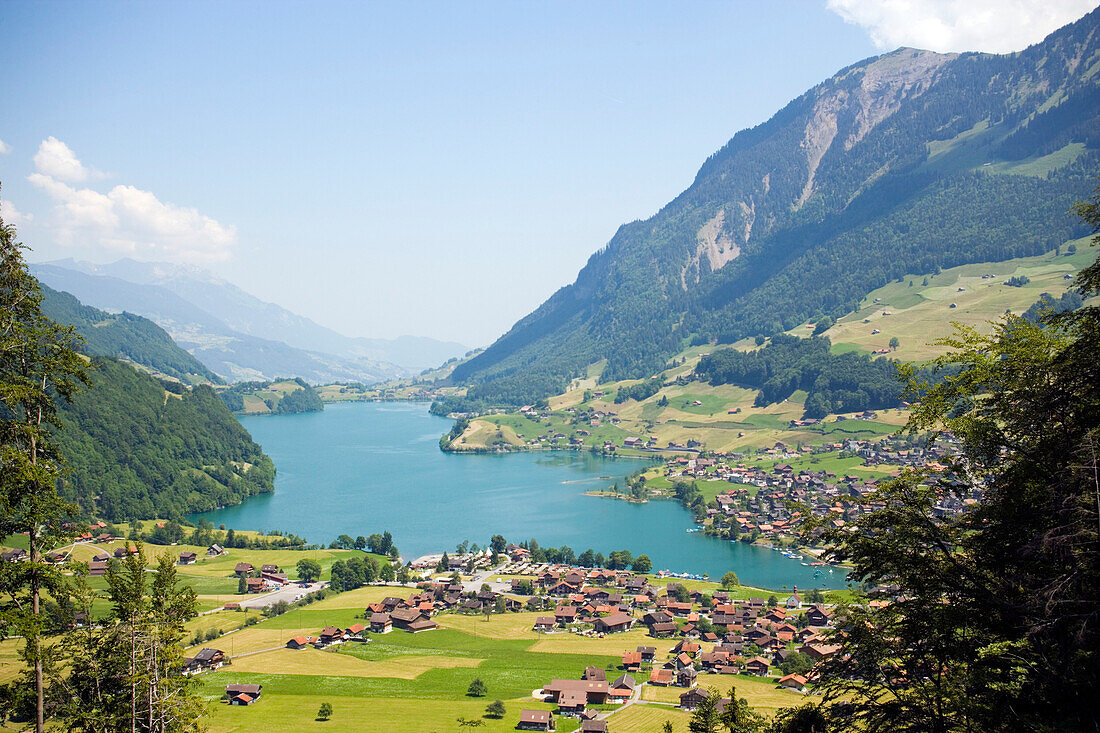 View from Rothorn mountain over the valley with Lake Brienz and Brienz village, Bernese Oberland, Canton of Bern, Switzerland