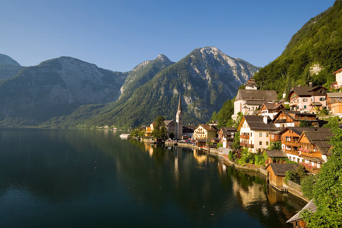 Panoramic view over Hallstatt with Protestant Christ church and catholic parish church, Lake Hallstatt, Upper Austria, Austria