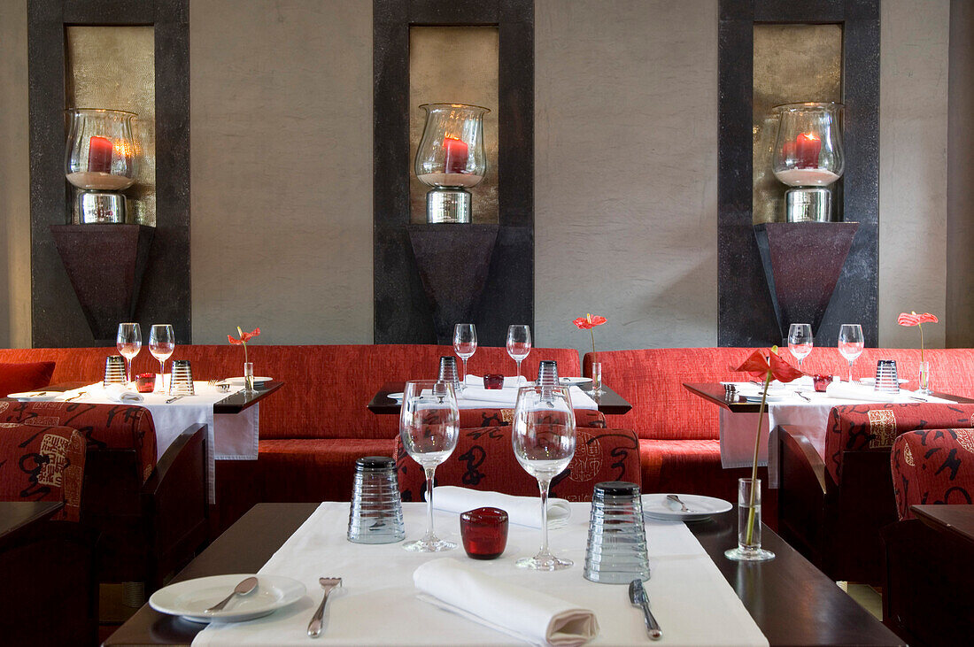 Interior view of the deserted Restaurant Xopana at Choupana Hills Hotel, Funchal, Madeira, Portugal