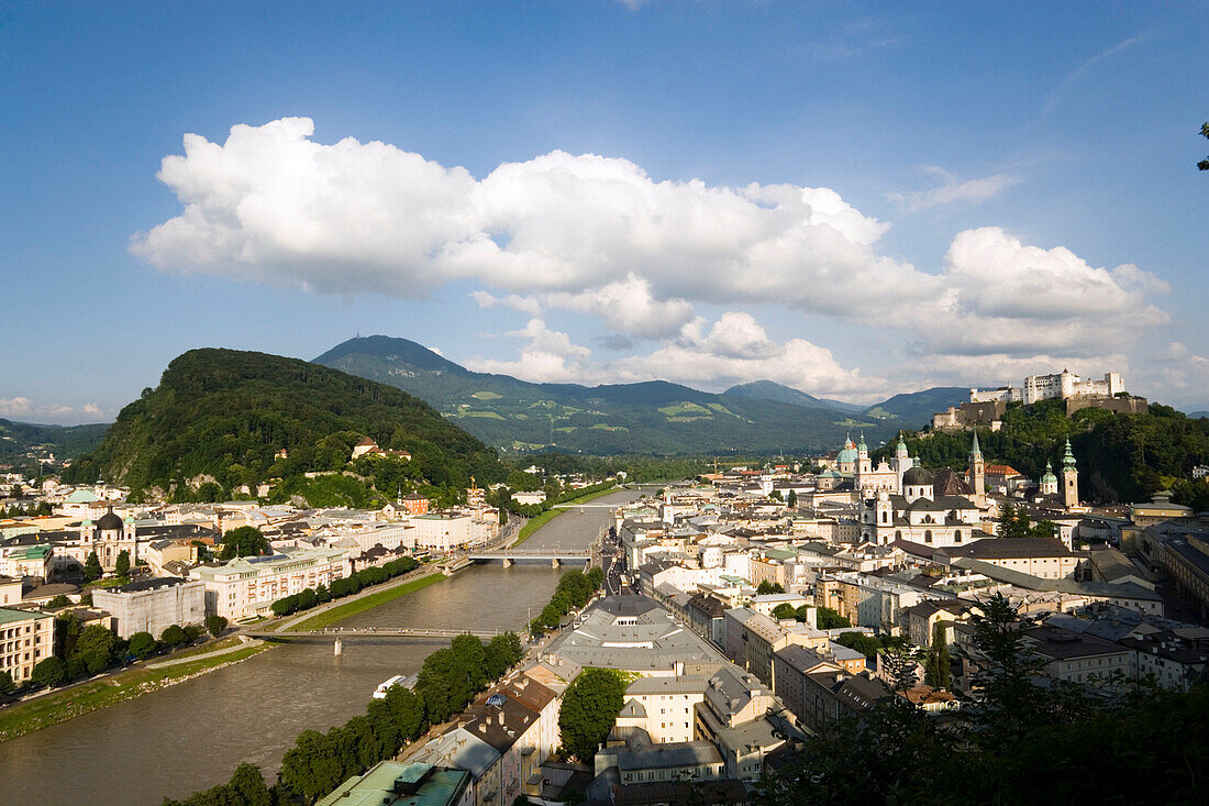 Panoramic view over Salzburg with Salzach, Hohensalzburg Fortress, largest, fully-preserved fortress in central Europe, Salzburg Cathedral, Franciscan Church, St. Peter's Archabbey and Collegiate Church, built by Johann Bernhard Fischer von Erlach, view t