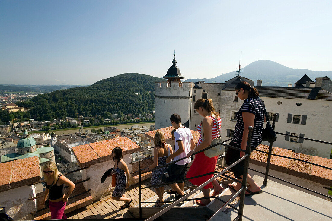 Group of tourists visiting Hohensalzburg Fortress, largest, fully-preserved fortress in central Europe, Salzburg, Salzburg, Austria, Since 1996 historic centre of the city part of the UNESCO World Heritage Site
