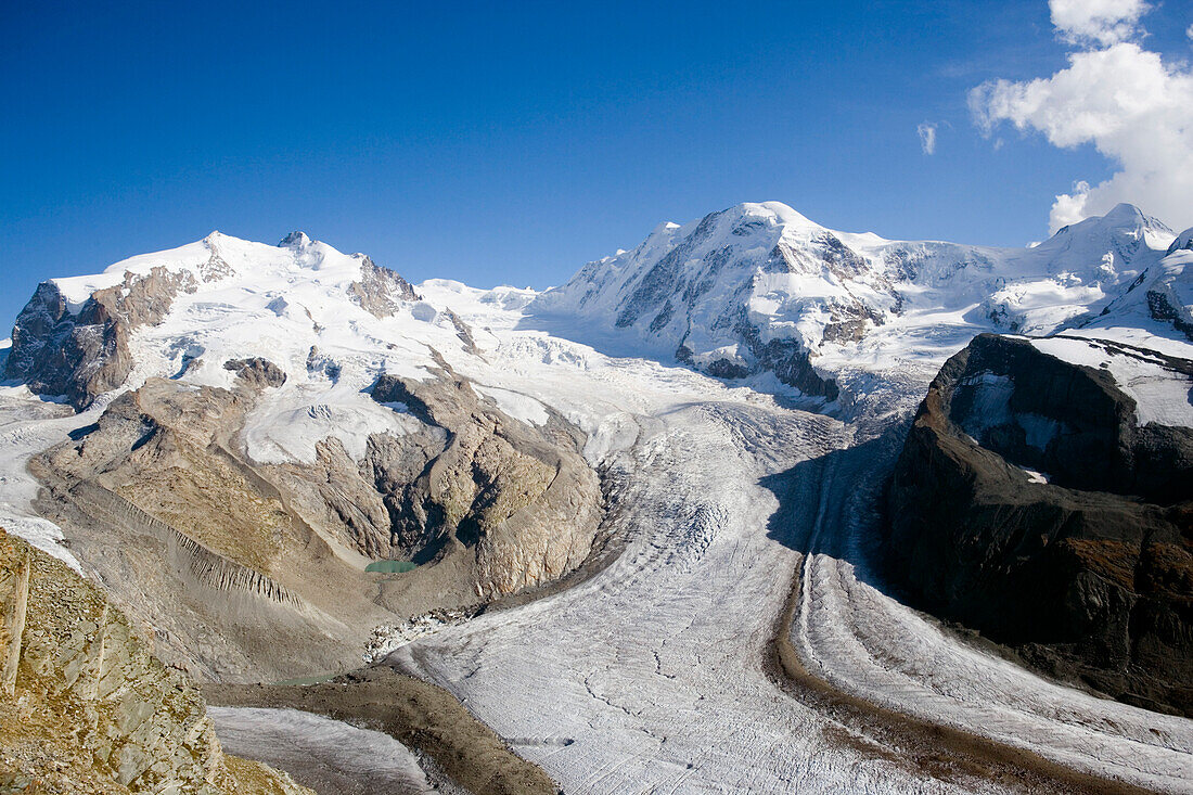 View to Dufourspitze 4634 m, the highest mountain in Switzerland, Monte Rosa-massif, Gornergletscher and Grenzgletscher, Zermatt, Valais, Switzerland