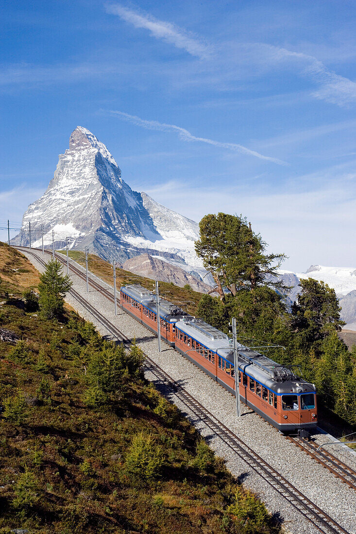 Gornergrat Bahn, mountain railway with Matterhorn, 4478 m, in the background, Zermatt, Valais, Switzerland