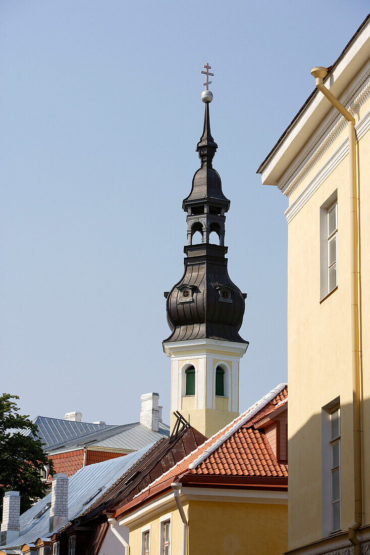 Steeple of St. Michael's Monastery and houses of Suur Klostri street, Tallinn, Estonia