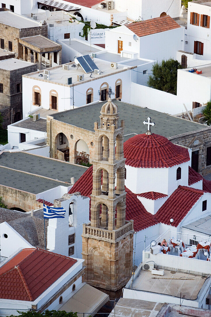 Elevated view of Panagia church, built by the Knights in the 14th century, Lindos, Rhodes, Greece