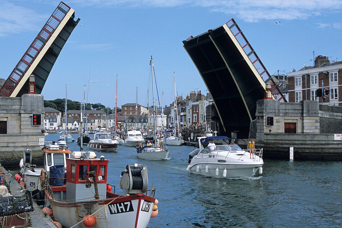 Boats Passing Drawbridge, Weymouth, Dorset, England, Great Britain