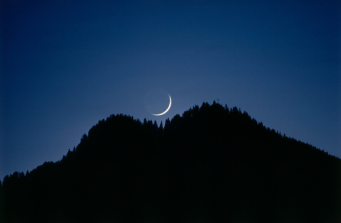 Moon above Rötelstein, Upper Bavaria, Bavaria, Germany