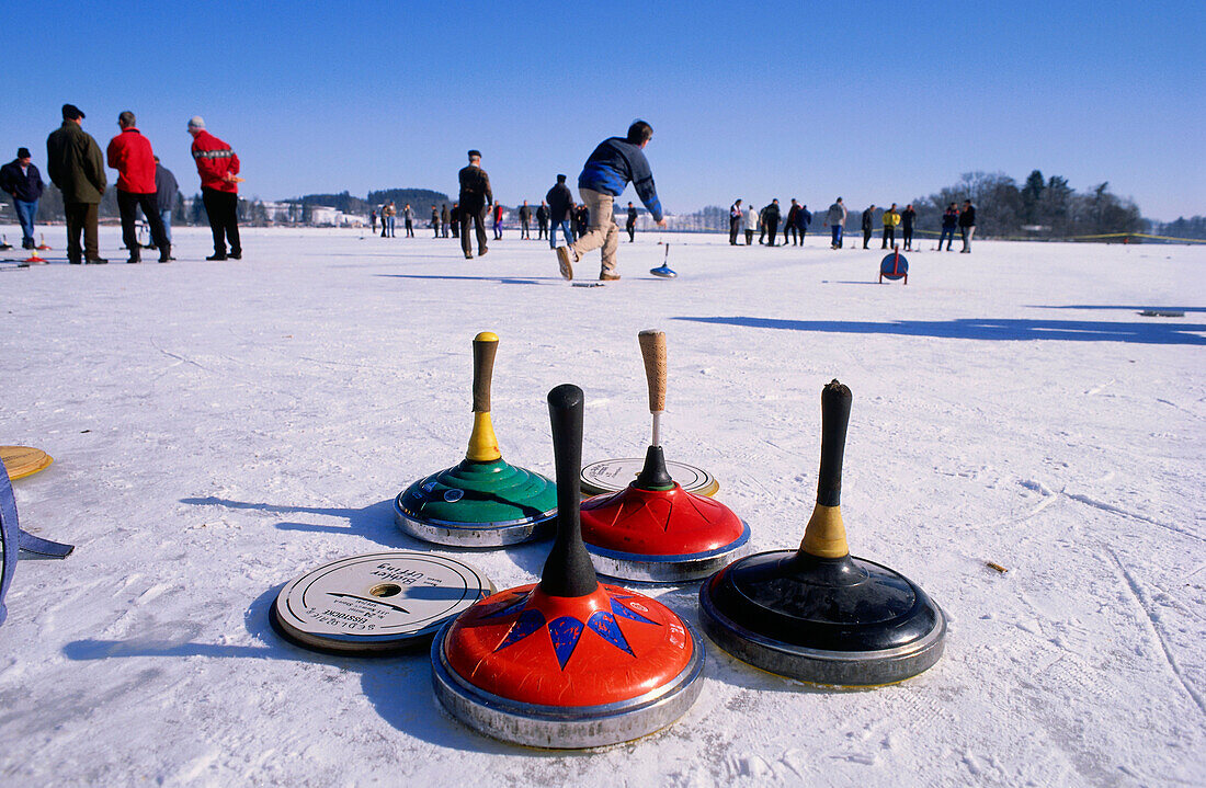 People curling on Lake Staffelsee, Upper Bavaria, Bavaria, Germany, Europe