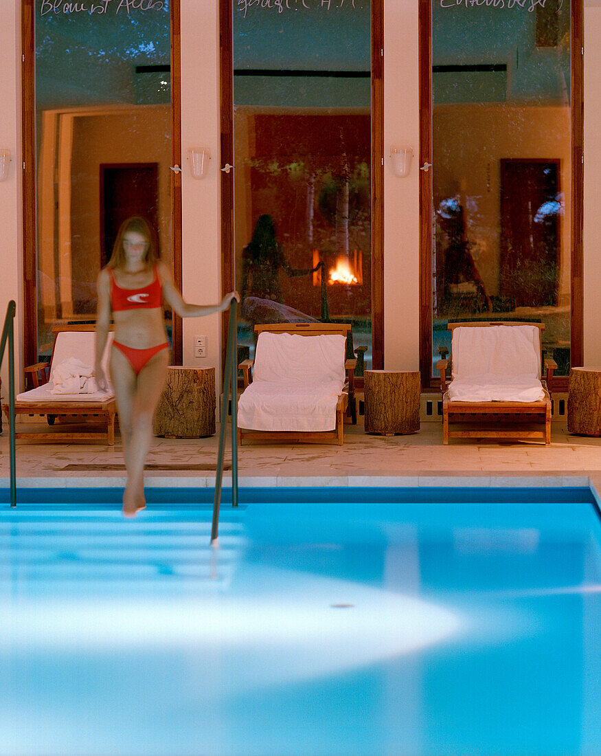 Woman at a pool, Hotel Neuklostersee, Nakenstorf, Mecklenburg-Western Pomerania, Germeny, MR, PR