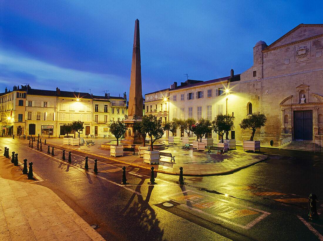 Place de la Replublique with obelisk, view from St. Throphime Church, Arles, Bouches-du-Rhone, Provence, France