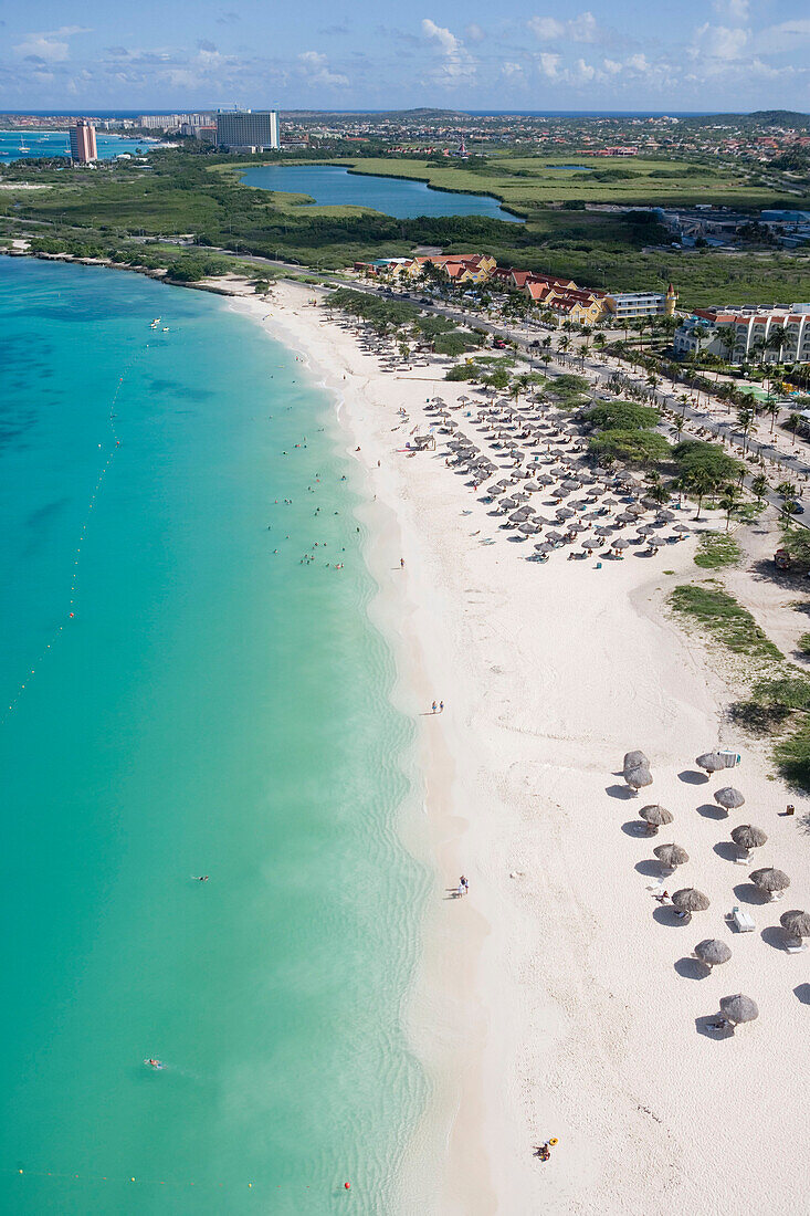 Aerial Photo of Eagle Beach and High-Rise Hotels of Palm Beach, Aruba, Dutch Caribbean