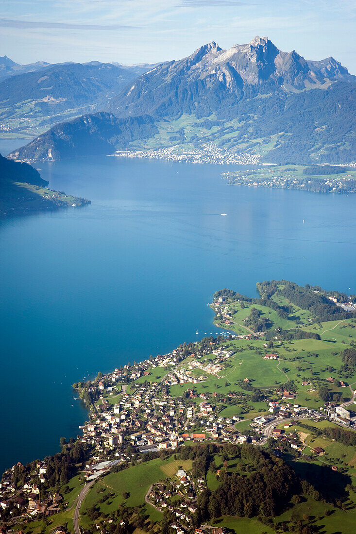 View from Kanzli vantage point on mount Rigi (1797 m, Queen of the Mountains) over Lake Lucerne and Weggis, mount Burgenstock and mount Pilatus (2132 M) in the background, Rigi Kaltbad, Canton of Schwyz, Switzerland