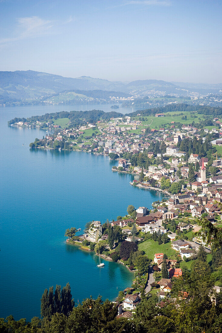 Aerial shot of Weggis at Lake Lucerne, Weggis, Canton of Lucerne, Switzerland