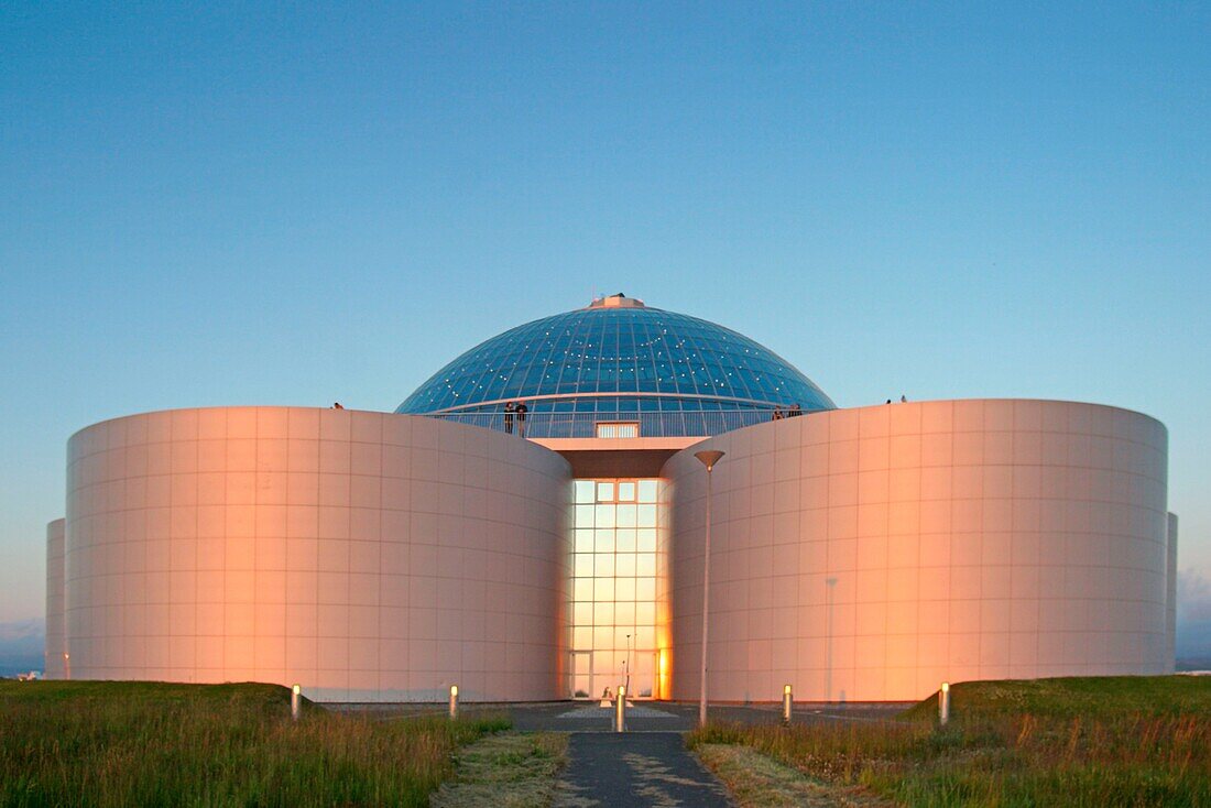 Iceland, Reykjavik, The pearl,Huge hot water tank on a hill