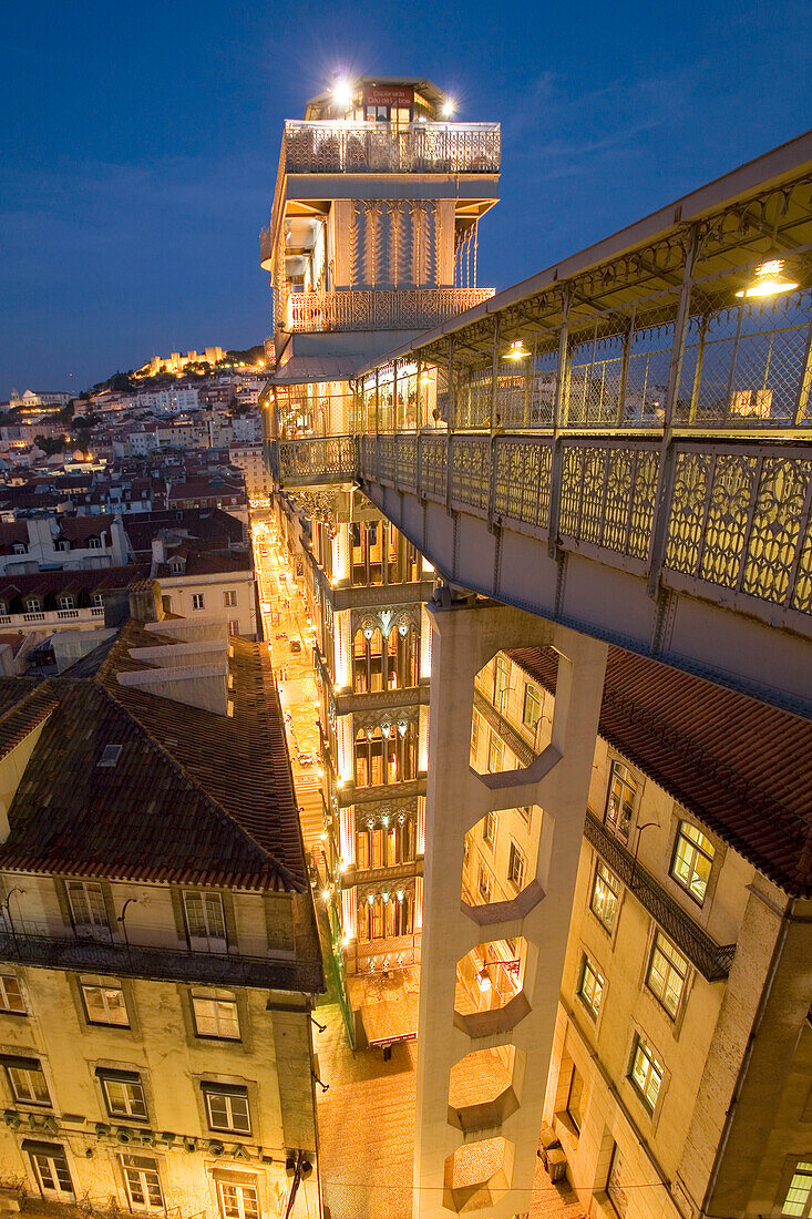 Portugal, Lisbon, Portugal, Lisbon, Portugal, View from Elevator Santa Justa towords Castelo  Sao Jorge at twilight