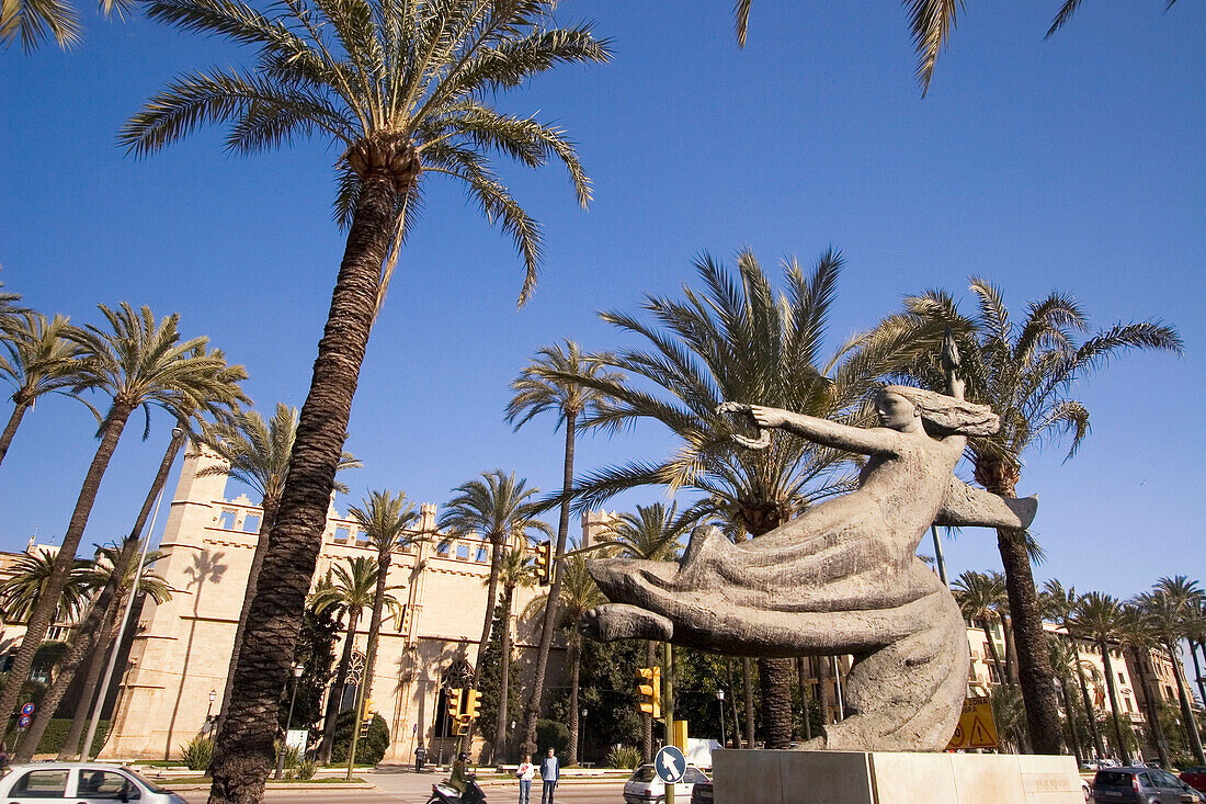 Mallorca, Government building Consolat l Mar , palm trees, sculpture