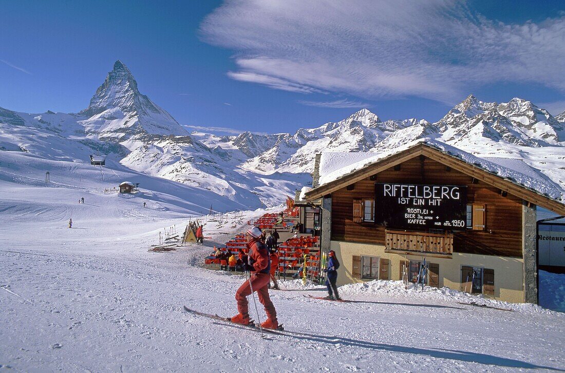 Schweiz, Wallis, Riffelberg, Skihütte, Piste, Matterhorn, Winter