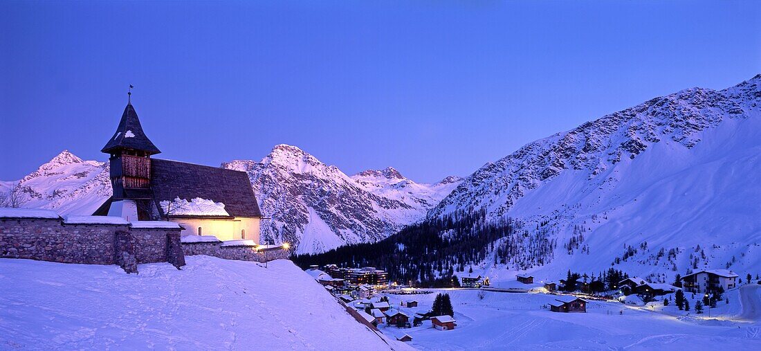 Switzerland, Arosa,winter landscape, little chapel,  twilight