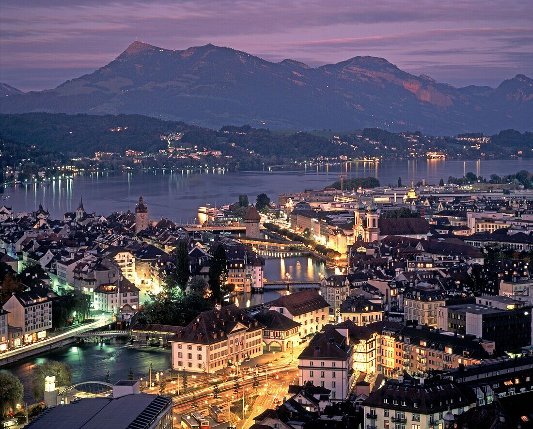 switzerland, Lucerne,panoramic view, old city center, dusk