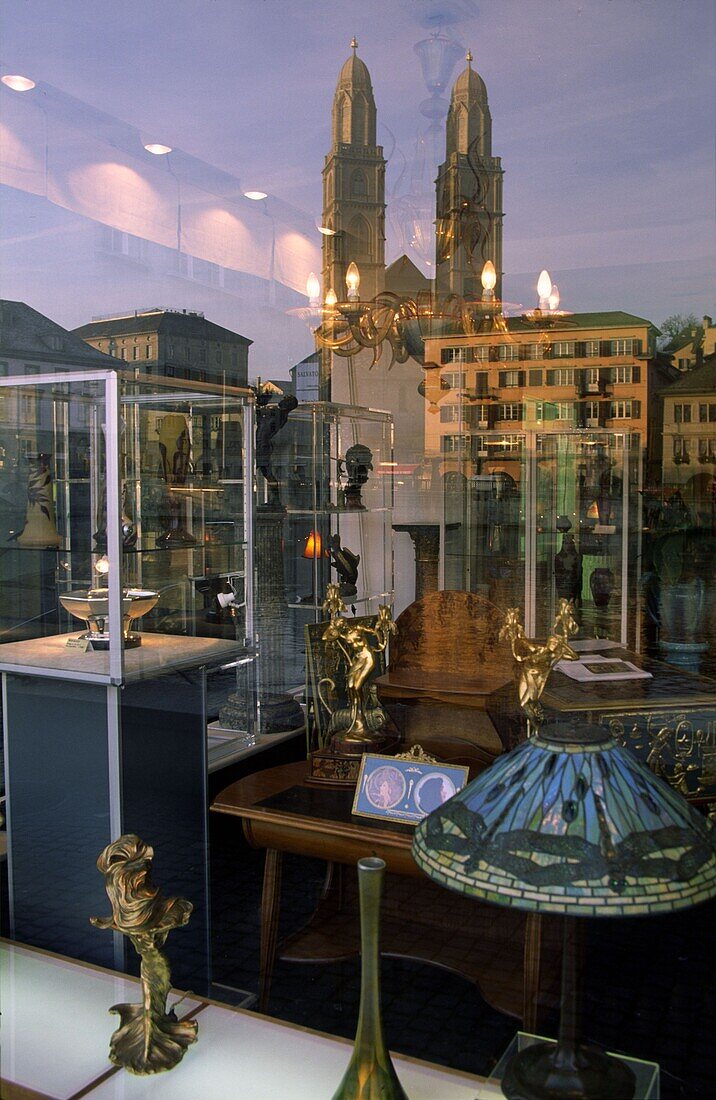 Switzerland , ,Zürich, Grossmunster, reflection in jewellery shop