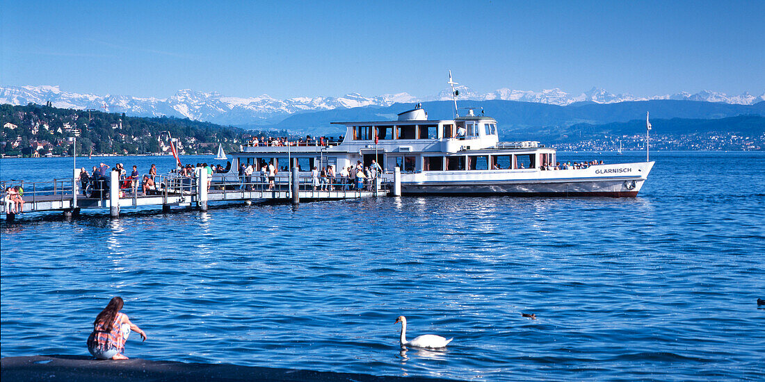 Dampfboot am Zürich Horn Pier, Schweiz