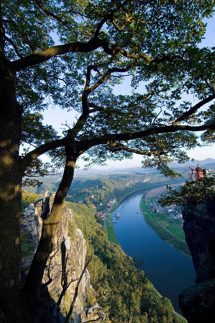 View over Elbe River, Bastei, Elbe Sandstone Mountains, Saxon Switzerland, Saxony, Germany