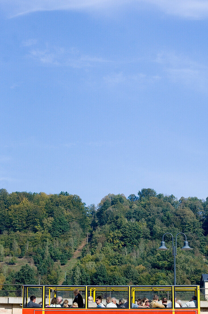 Excursion boat passing Bastein, Elbsandsteingebirge, Koenigstein, Saxony, Germany