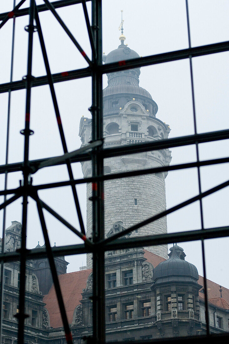 Looking through scaffolding to town hall, Leipzig, Saxony, Germany