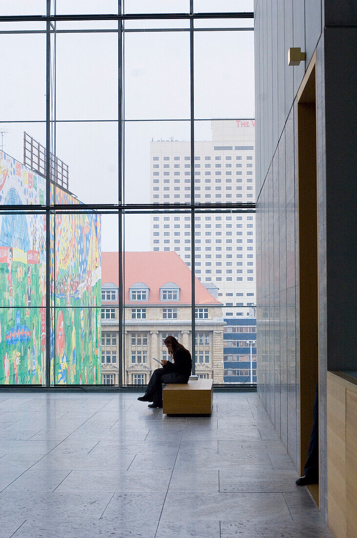 Window, woman sitting on bench, Art Museum, Leipzig, Saxony, Germany