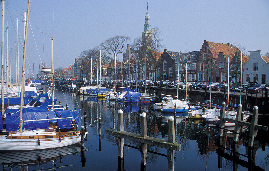 Sailing boats are moored at Veere marina, Veere, Netherlands, Europe