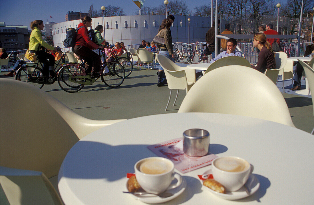 Cafe in front of Groninger Museum, Groningen, Netherlands, Europe