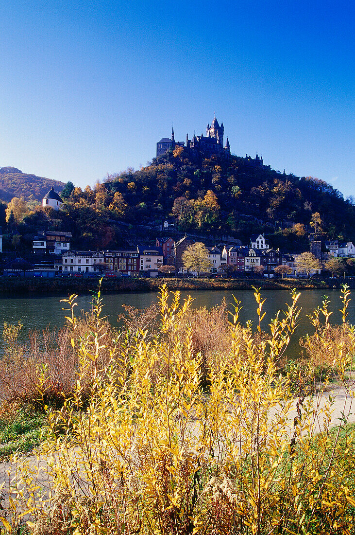 View over Moselle river at Cochem castle, Cochem, Rhineland-Palatinate, Germany, Europe