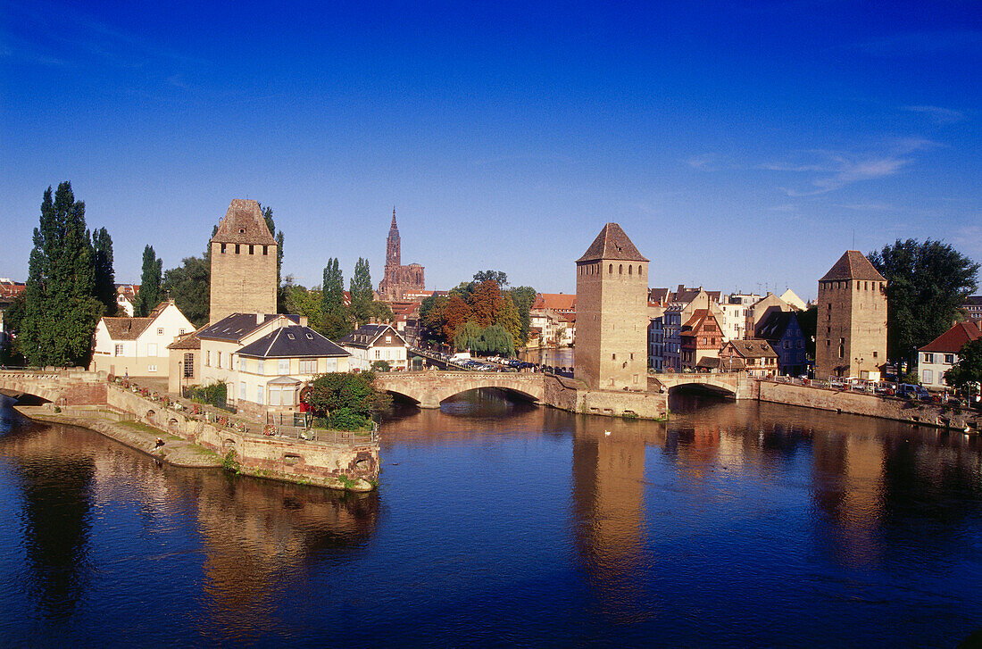 Ponts Couverts, view of bridge above river Ill, old town and cathedral, Strasbourg, Alsace, France, Europe