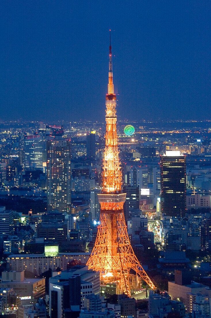 Stadtansicht und Tokio Tower bei Nacht, Roppongi Hills, Tokio, Japan, Asien