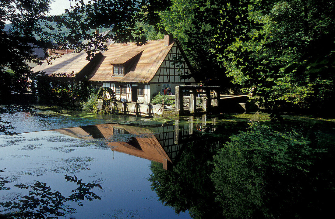 Historical hammer mill at source Blautopf, Blaubeuren, Baden-Wuerttemberg, Germany, Europe