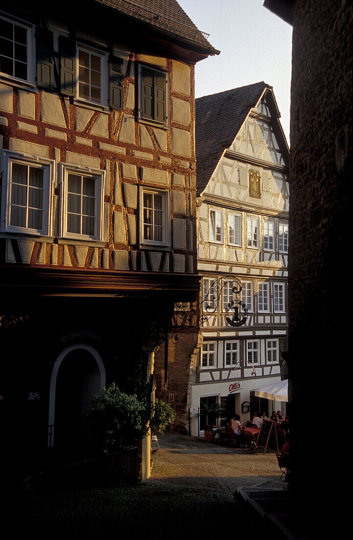 Half timbered houses at the old town in the evening light, Schwaebisch Hall, Baden-Wuerttemberg, Germany, Europe