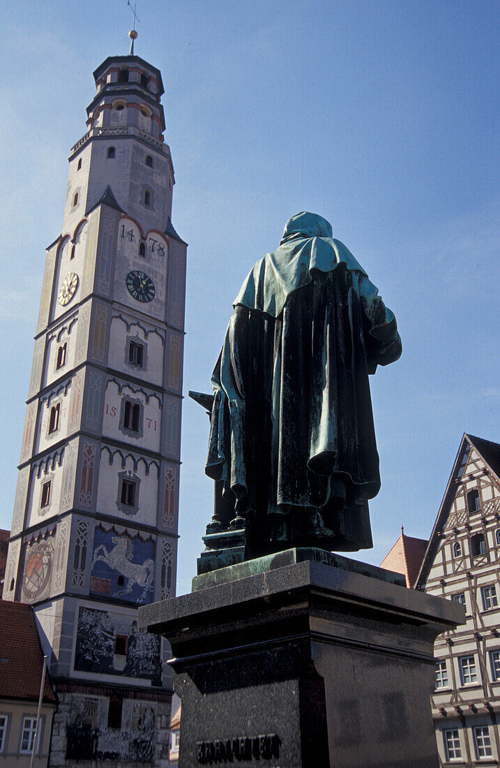 Lauingen at river Donau, Schimmelturm and Albertus Magnus monument, Bavaria, Germany, Europe