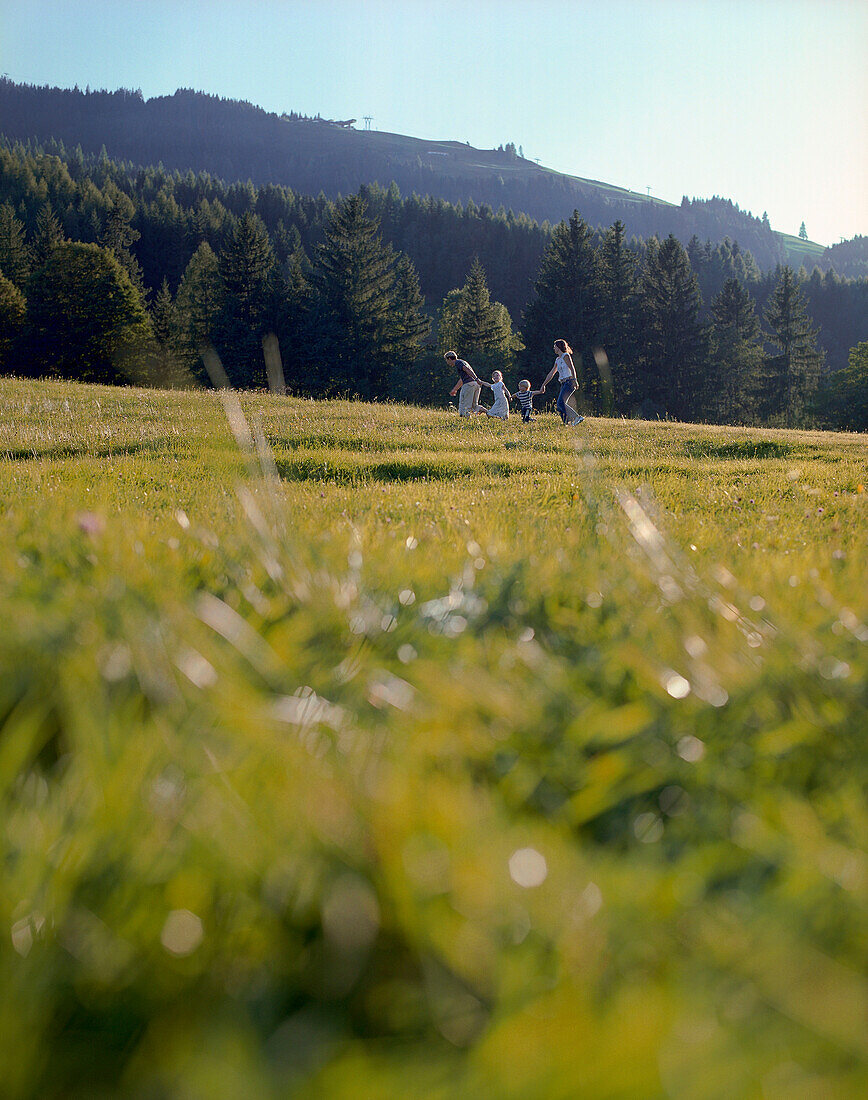 Familie läuft über eine Bergwiese, Leogang, Salzburg, Österreich
