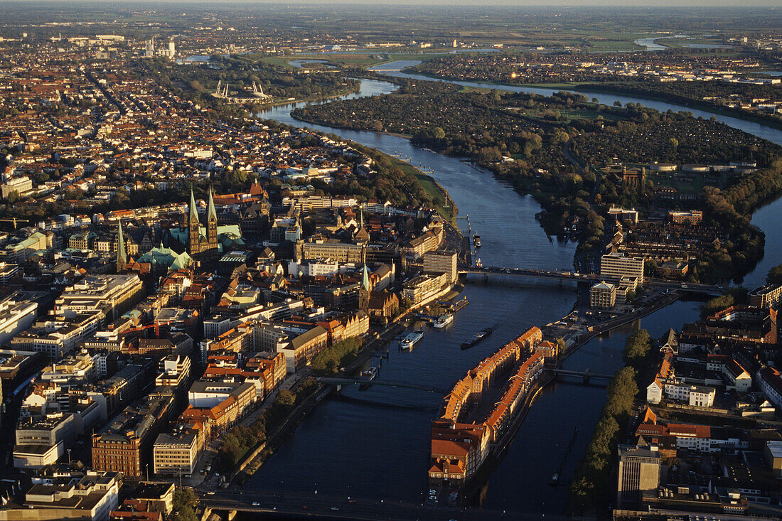 View over Bremen with Weser River, the Free Hanseatic City of Bremen, Germany