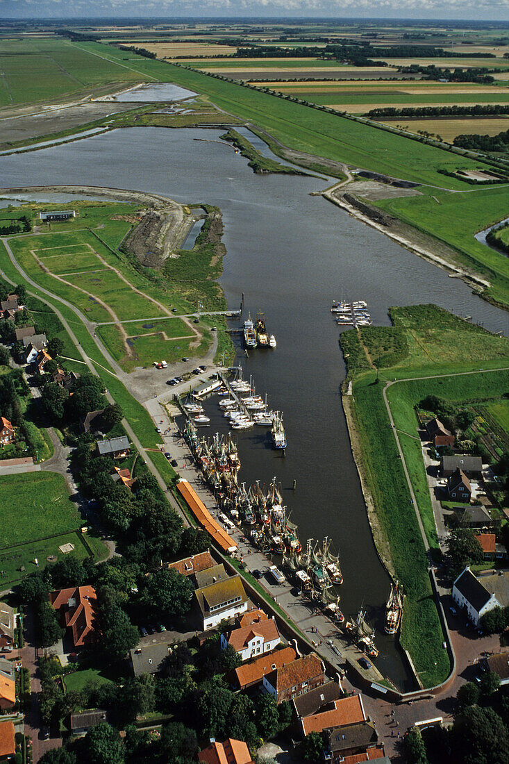 Shrimp cutter in harbor, Greetsiel, East Frisia, Lower Saxony, Germany