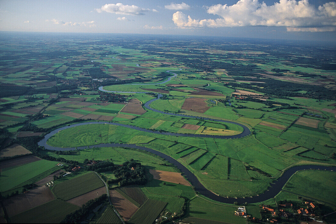 aerial photo of Weser River, meanders, clouds, panorama, Lower Saxony, northern Germany