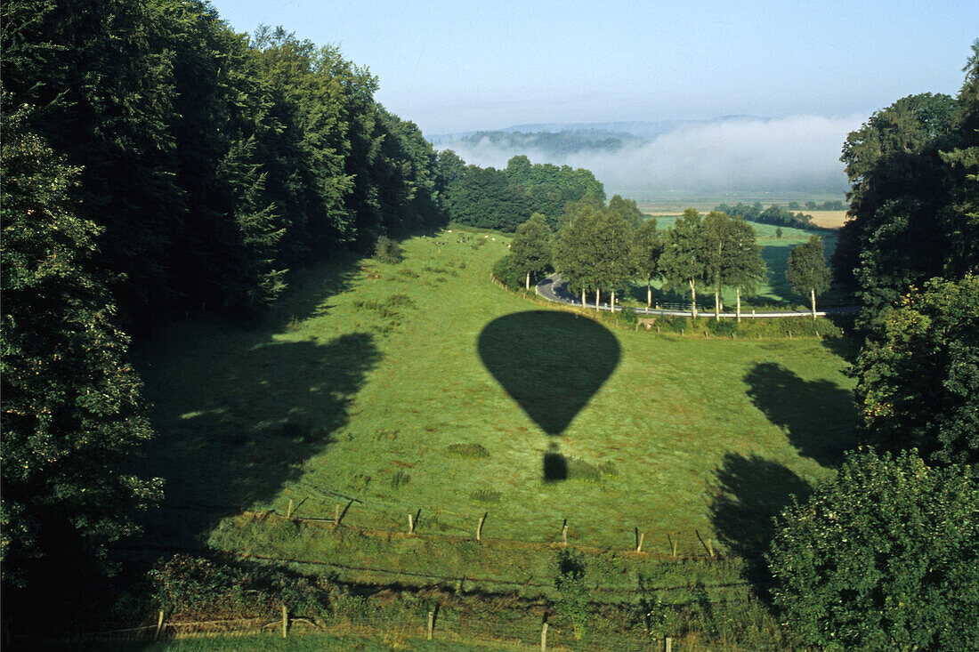 aerial photo above the Weserbergland landscape, balloon shadow, Lower Saxony, northern Germany