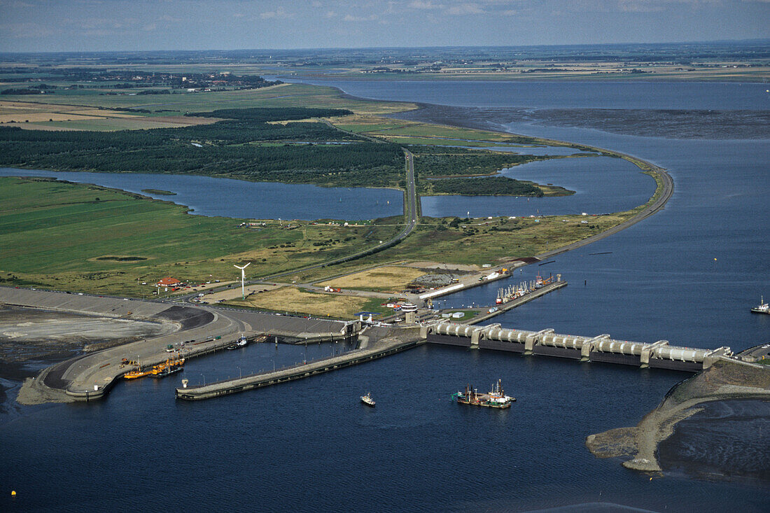 aerial photo of Eidersperrwerk, Eider barrage, North Sea, River Eider, Schleswig-Holstein, northern Germany