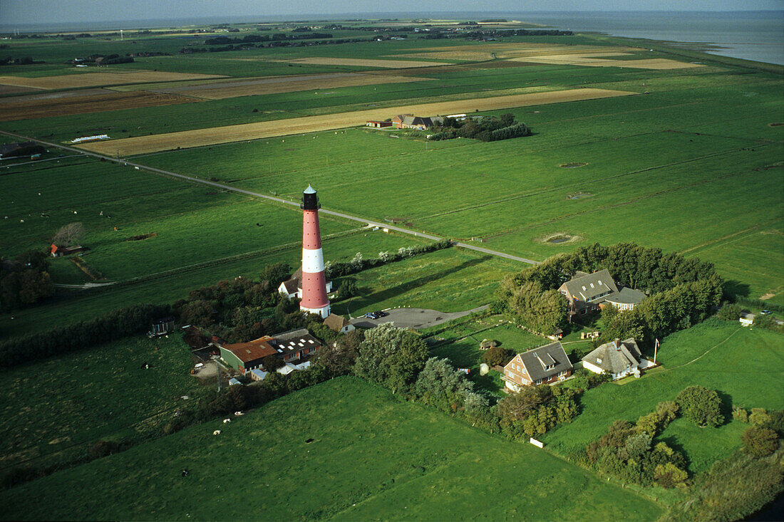 aerial photo of Pellworm lighthouse, North Frisian island, Wadden Sea, federal state of Schleswig-Holstein, North Sea, coast of northern Germany