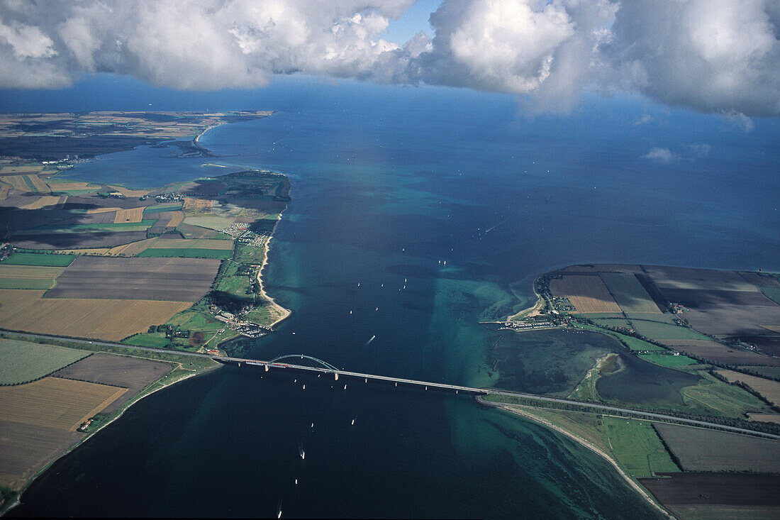 aerial photo of Fehmarn island, Fehmarn Sound Bridge, clouds, Baltic Sea, Schleswig Holstein, northern Germany