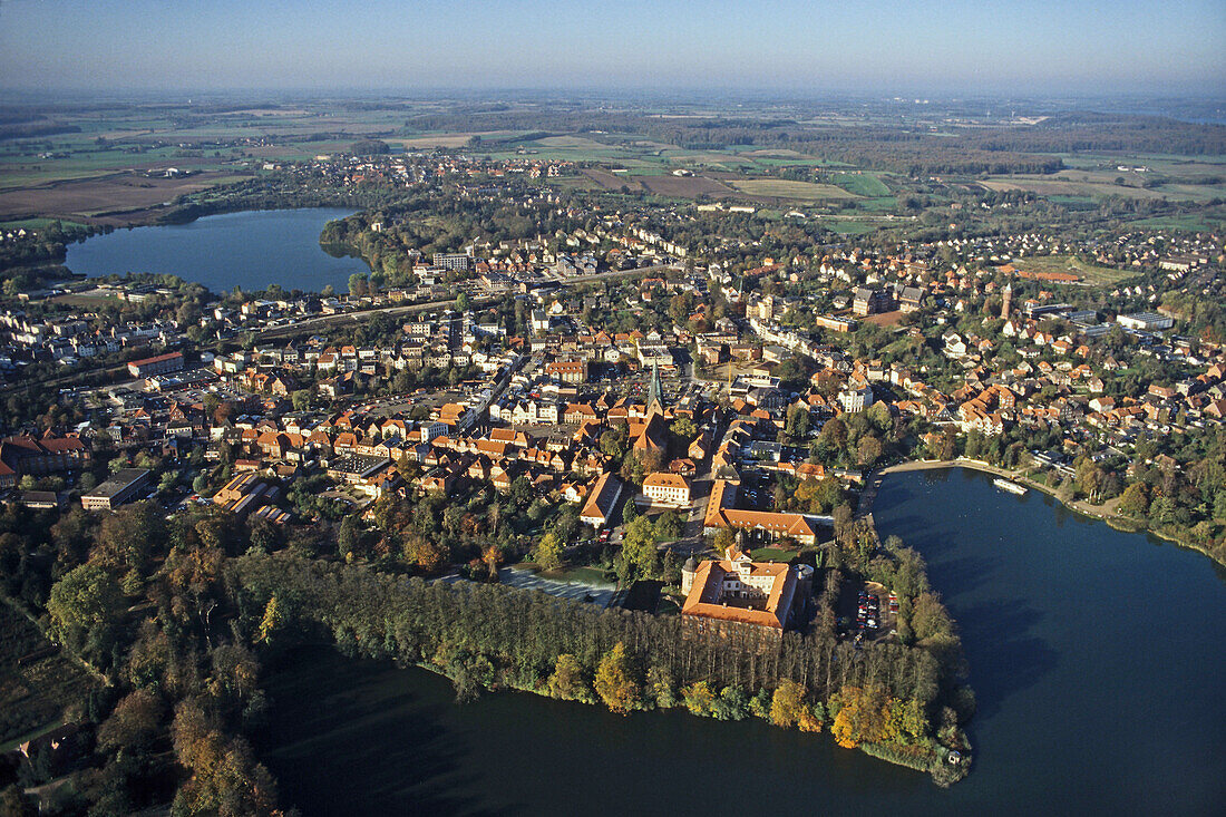 aerial photo of lakes, Holstein Switzerland, Eutin castle, Eutin, Plön Lake, Schleswig Holstein, northern Germany