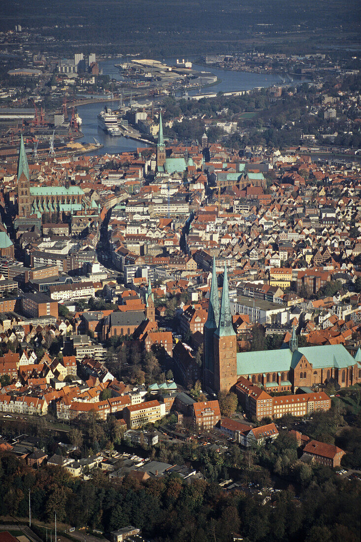 aerial photo of Lübeck, historic old town, Trave River, UNESCO World Heritage Site, Schleswig Holstein, Germany