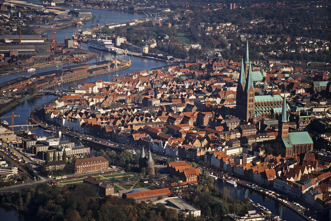 aerial photo of Lübeck, historic old town, Trave River, UNESCO World Heritage Site, Schleswig Holstein, Germany