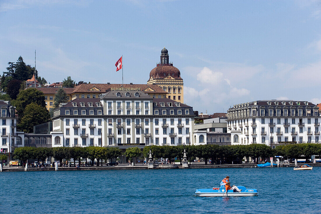 View over Lake Lucerne to Hotel Schweizerhof Luzern, Lucerne, Canton Lucerne, Switzerland