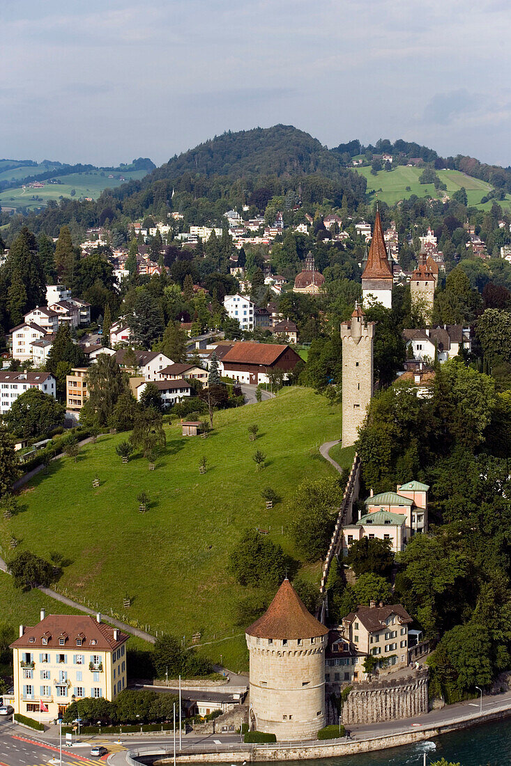 View on city wall with Männliturm, Luegisland Tower and Wachturm (watch tower), Lucerne, Canton Lucerne, Switzerland